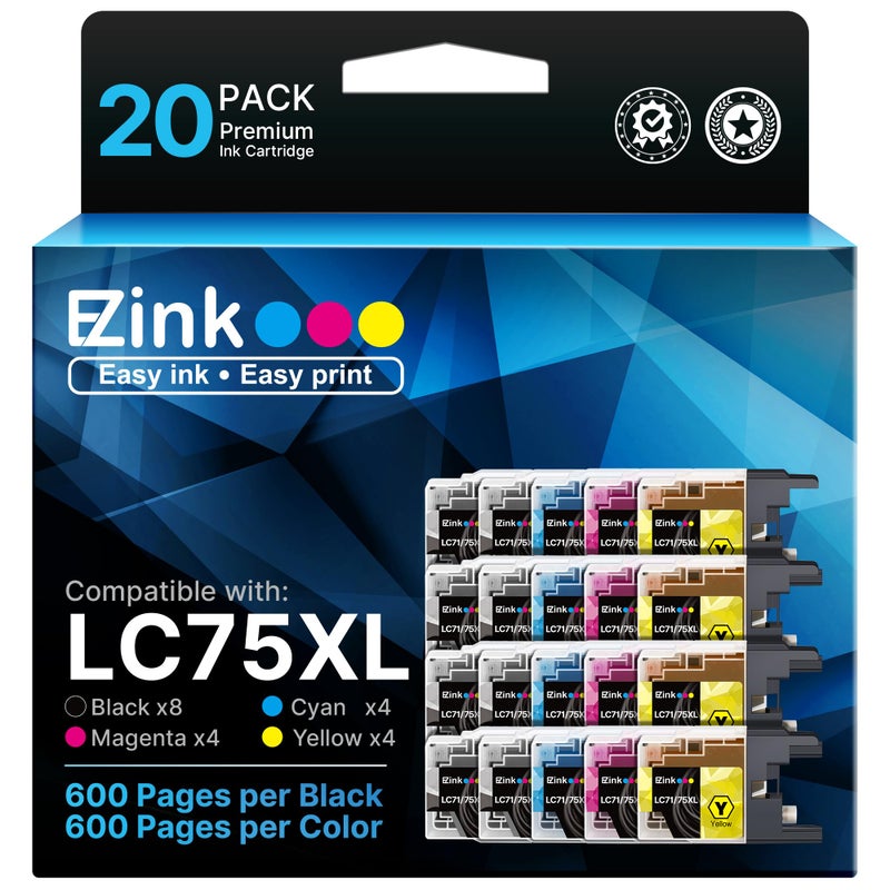 E-Z Ink LC75XL Ink Cartridges Compatible for Brother LC75 Ink Cartridge LC 75 LC71 LC79 XL to Use with Brother MFC-J430W MFC-J6510DW MFC-J6710DW 20 Pack (8 Black, 4 Cyan, 4 Magenta, 4 Yellow) - Image 1